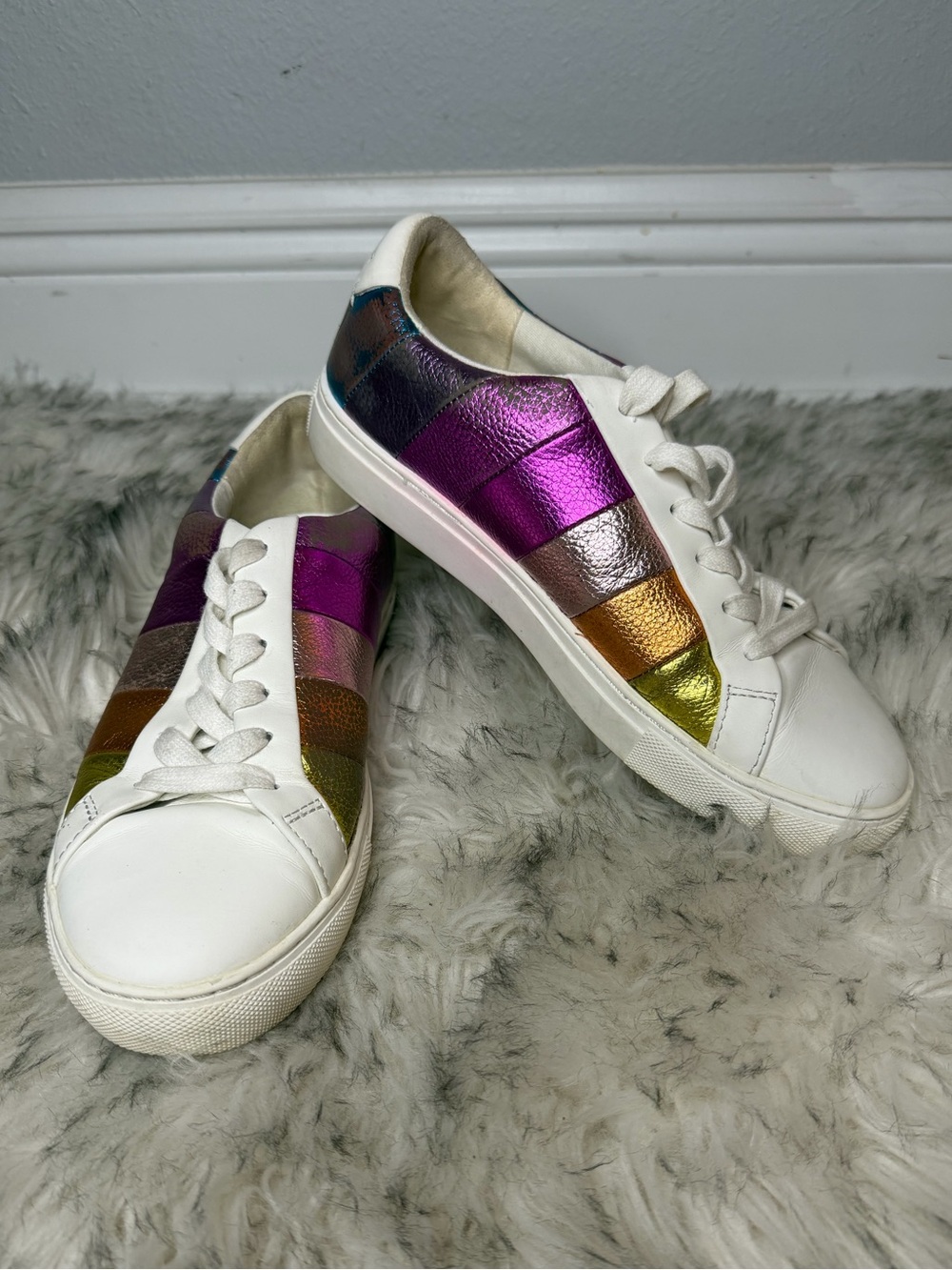 Kurt Geiger London Lane Stripe Sneakers in White Leather w/Metallic Rainbow